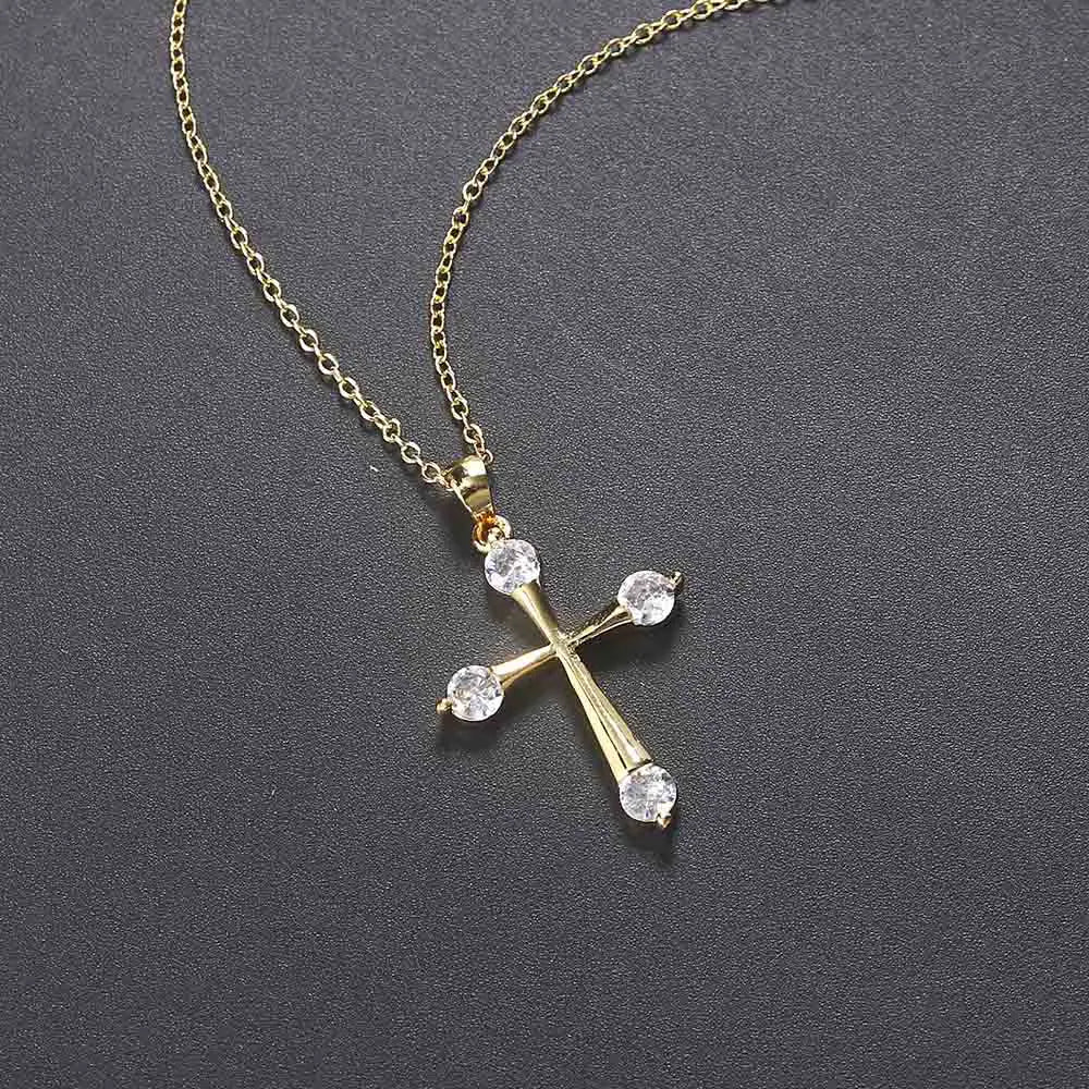 Minimalist 14K Gold Cross Necklace with Zircon Stones