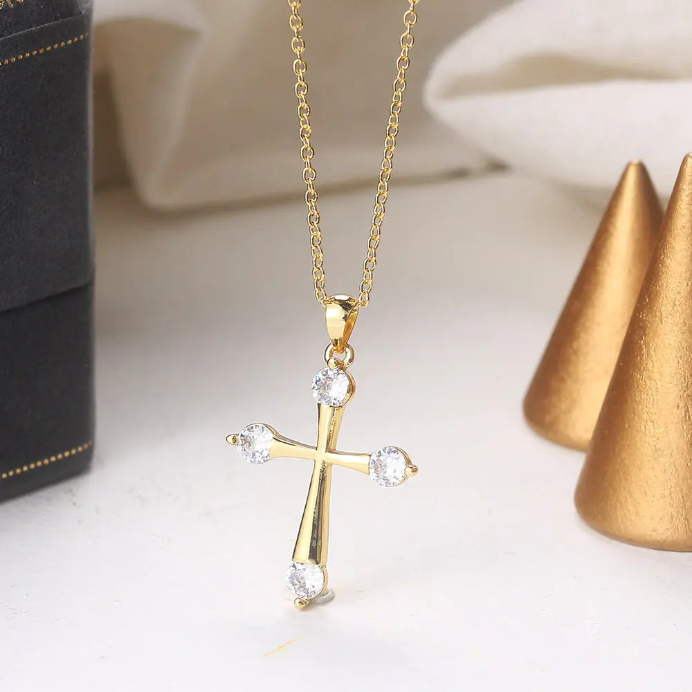 Minimalist 14K Gold Cross Necklace with Zircon Stones