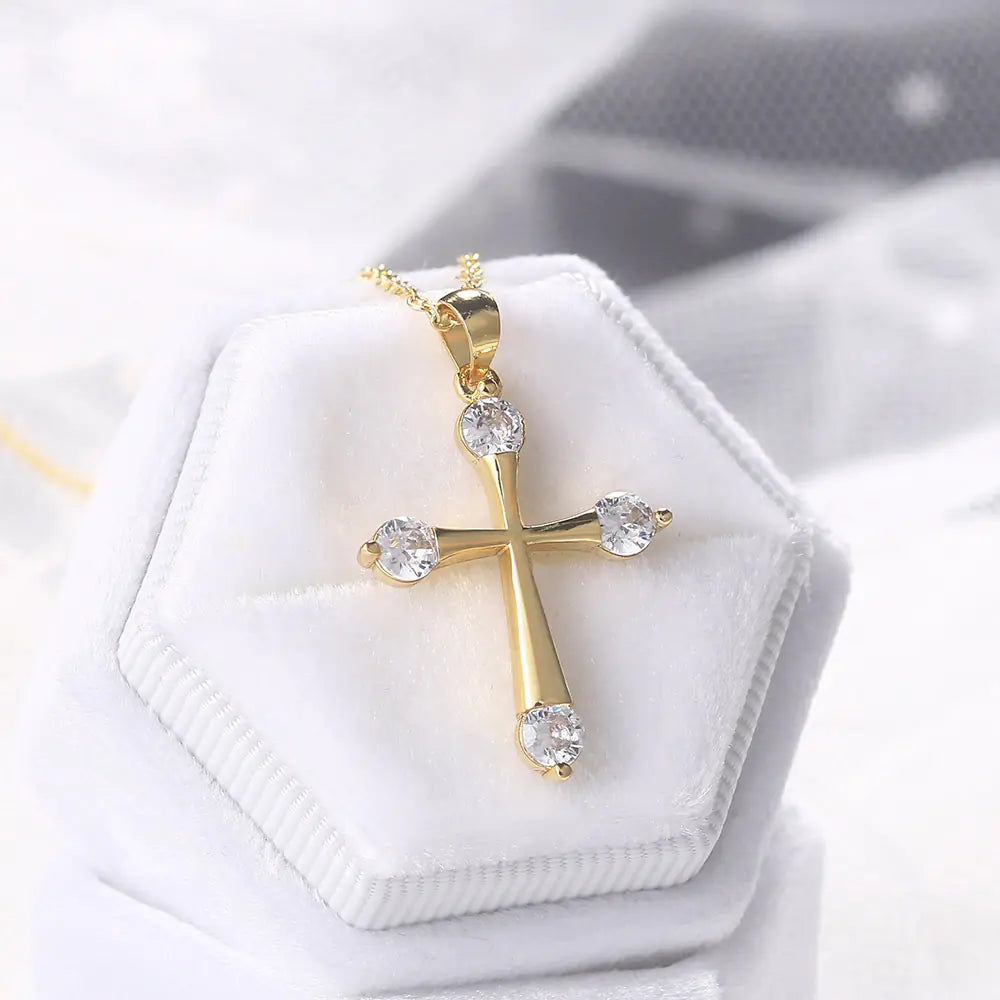 Minimalist 14K Gold Cross Necklace with Zircon Stones