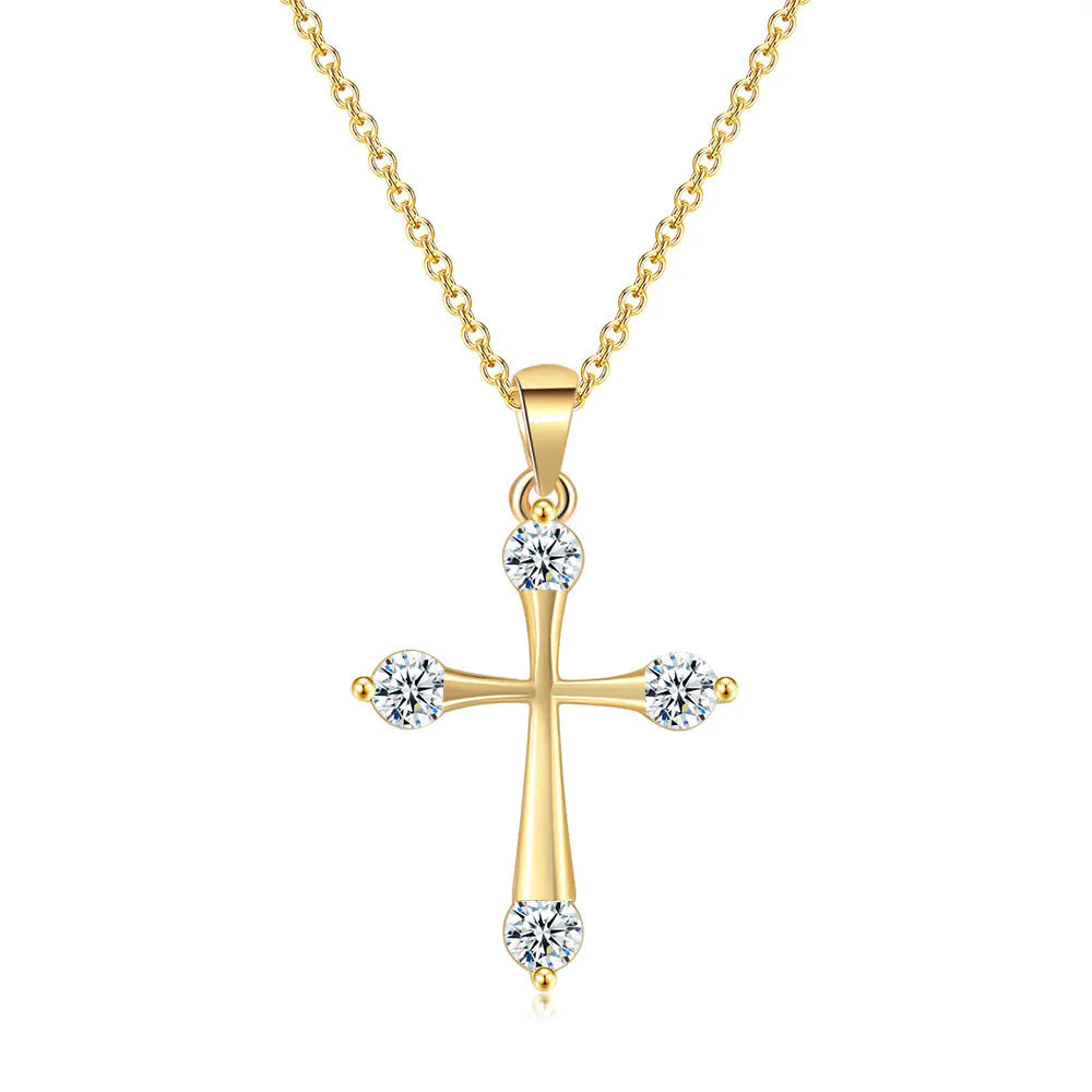 Minimalist 14K Gold Cross Necklace with Zircon Stones