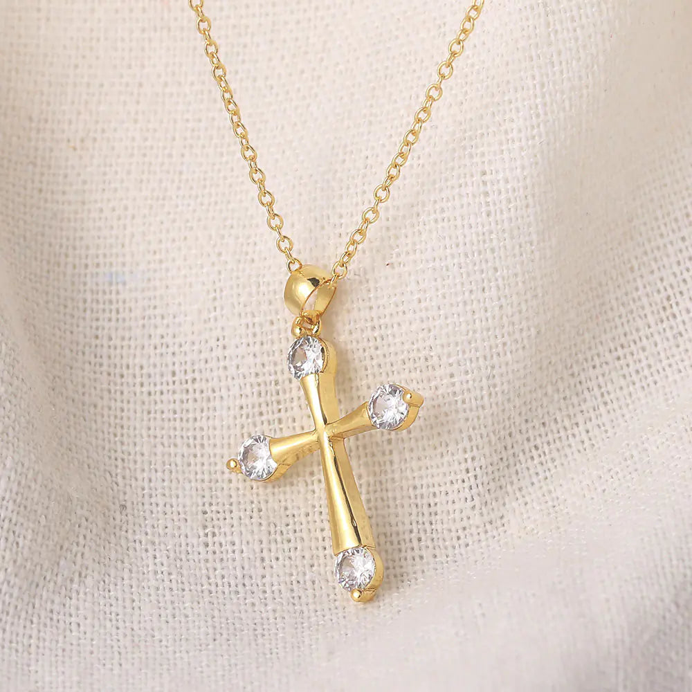 Minimalist 14K Gold Cross Necklace with Zircon Stones